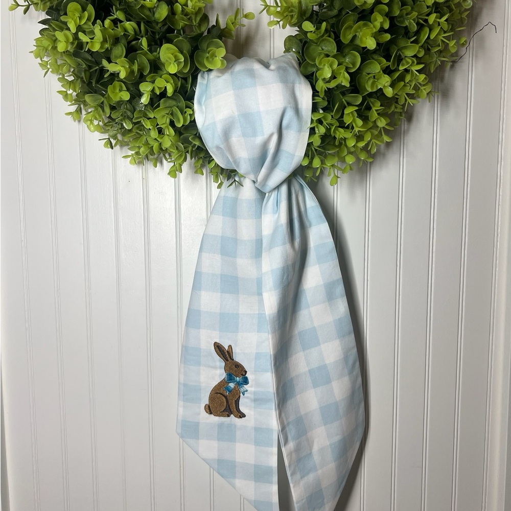 Blue Checkered Wreath Sash with Bunny Embroidery